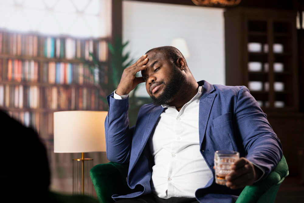 Homme exprimant une fatigue mentale et un stress émotionnel en cabinet