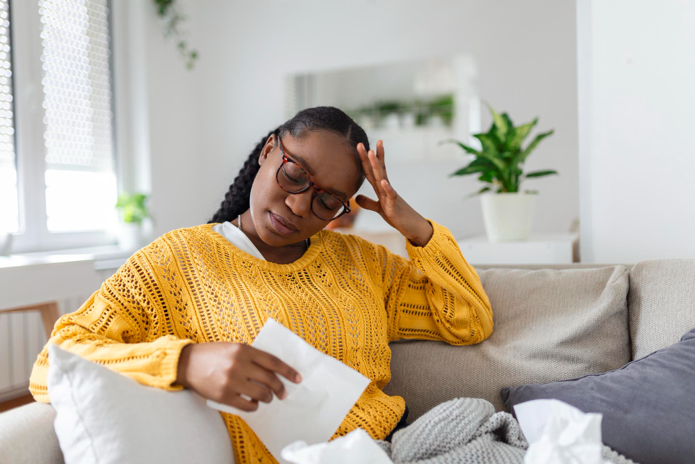Femme fatiguée et émotionnellement épuisée à domicile – gestion du stress et santé mentale